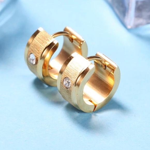 Silver & Gold Locking Textured Stainless Steel Dainty Hoop Earrings - Picture 4 of 8